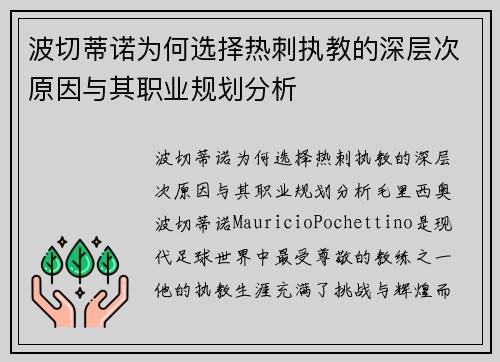 波切蒂诺为何选择热刺执教的深层次原因与其职业规划分析 波切蒂诺为何选择热刺执教的深层次原因与其职业规划分析